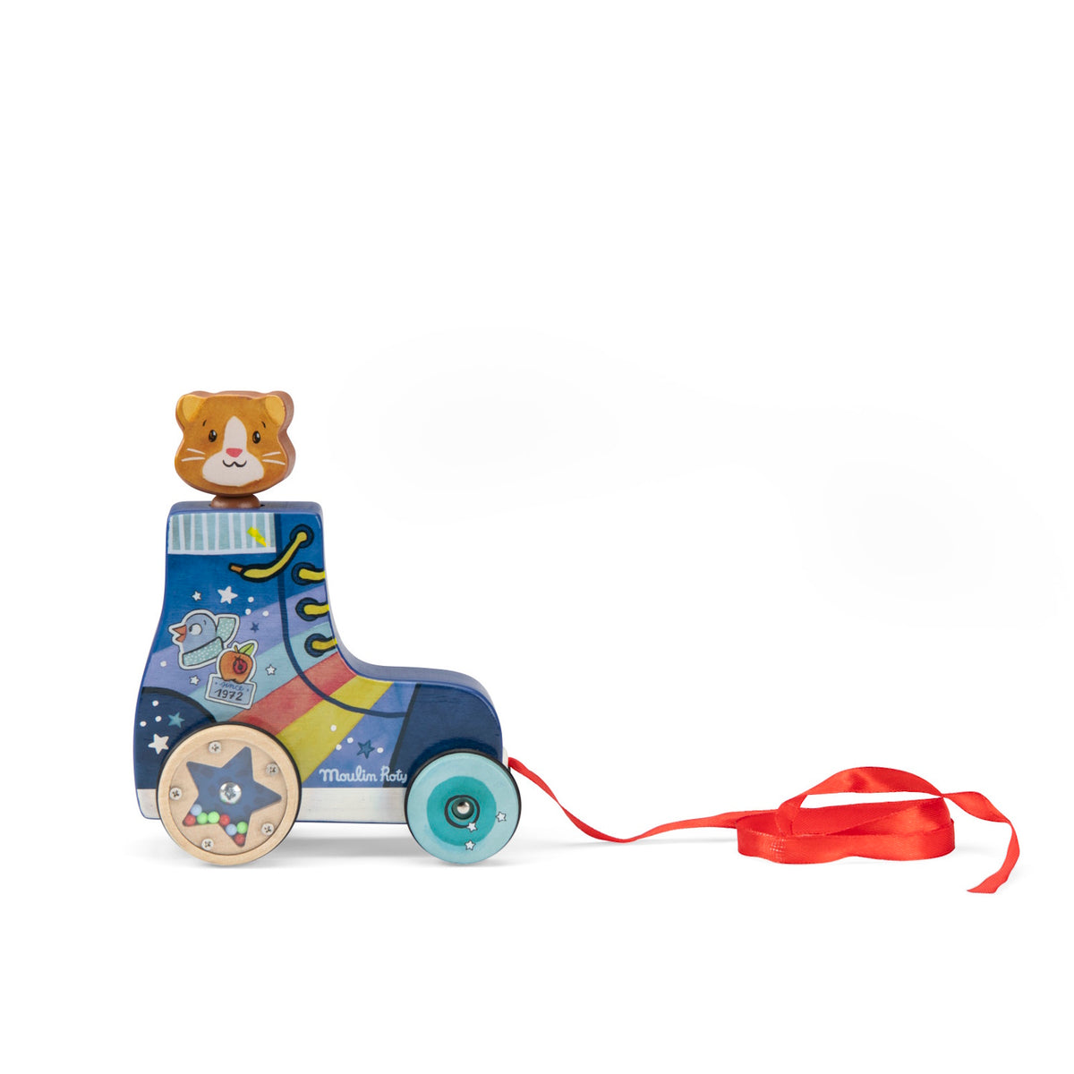 A blue wooden pull-along roller skate toy with a cat head on top, colorful graphics, and a red ribbon string.