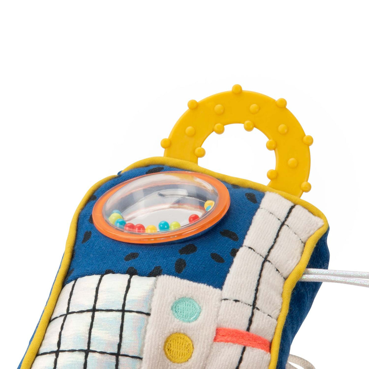 Plush soft baby rattle toy with textured yellow teether ring and colorful beads.