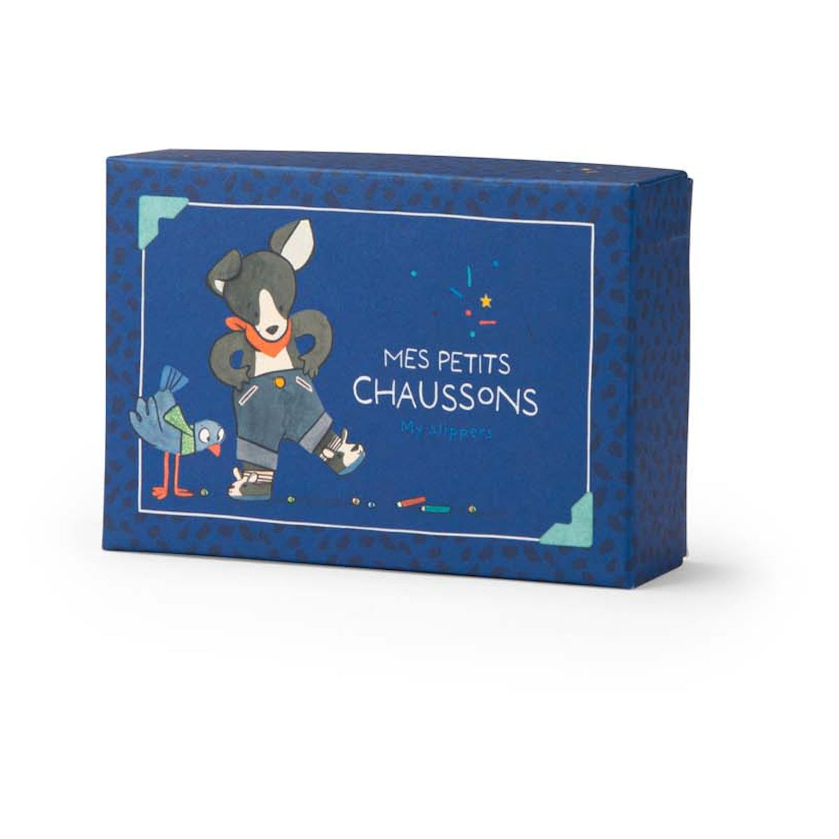 Blue gift box for Mes Petits Chaussons baby slippers featuring a dog and bird illustration.