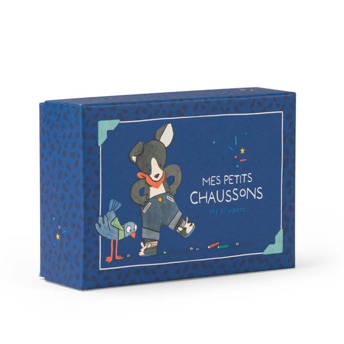 Blue French Pilou baby slippers gift box featuring an illustrated dog and bird design.