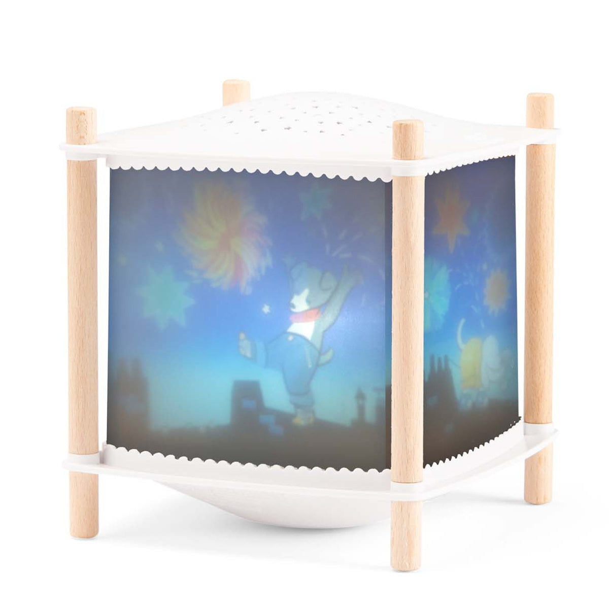 Magic lantern night light with wooden posts and a glowing cartoon dog illustration.