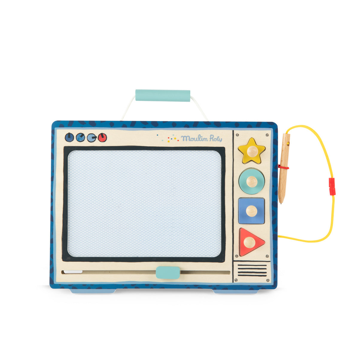 Moulin Roty retro TV wooden magnetic drawing board toy with attached stylus and shape stamps for kids.