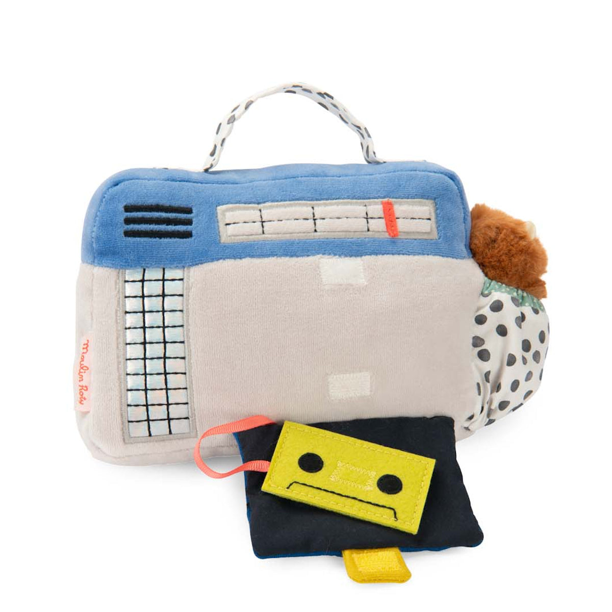 Moulin Roty plush musical radio cassette player toy with removable felt cassette.