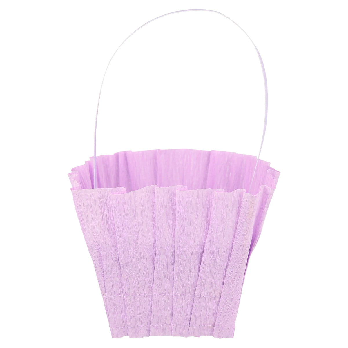 Small purple ruffled crepe paper Easter basket with a thin handle, ideal for party favors and spring celebrations.