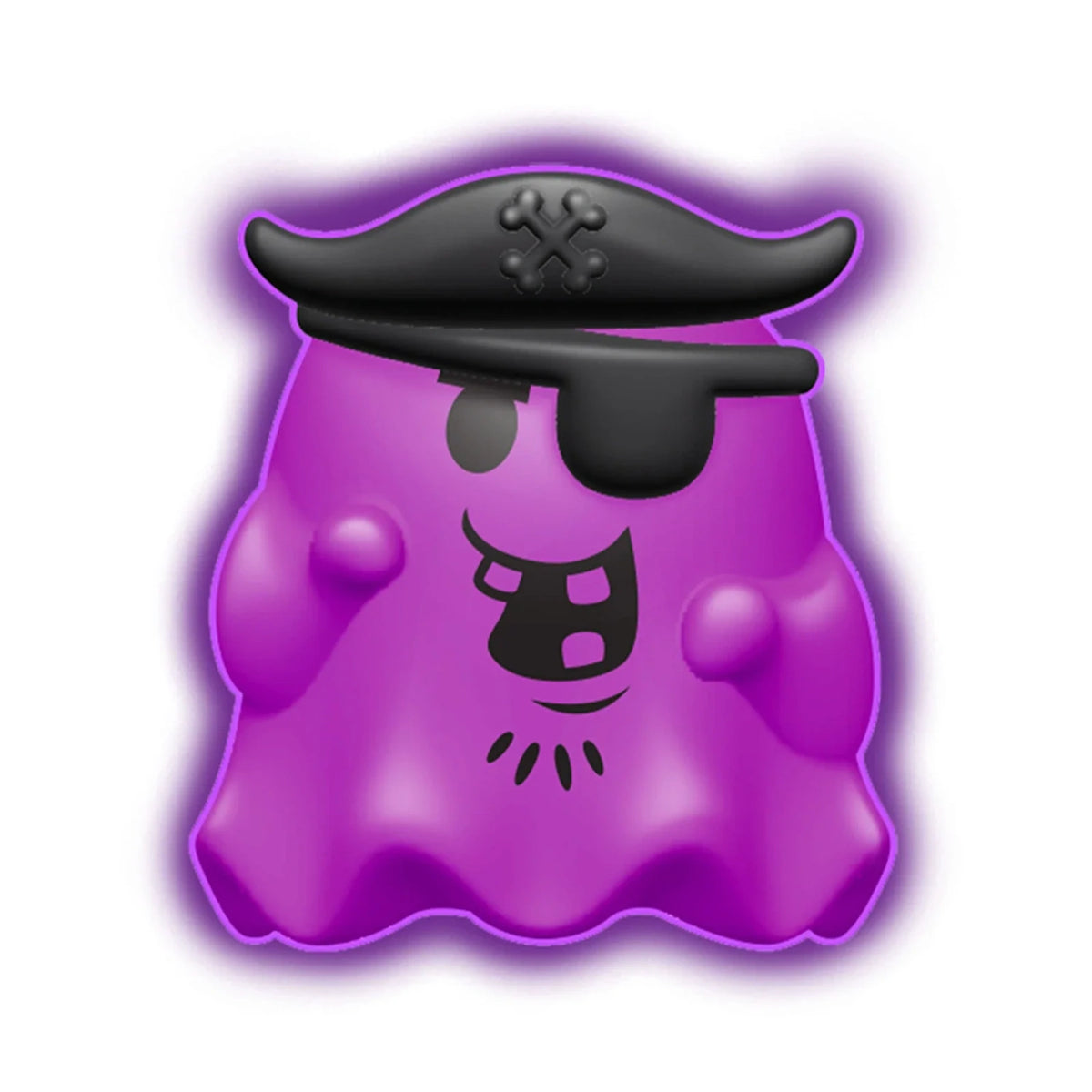 Purple NeeDoh Glowy Ghost fidget toy with a black pirate hat, eye patch, and a silly grinning face.