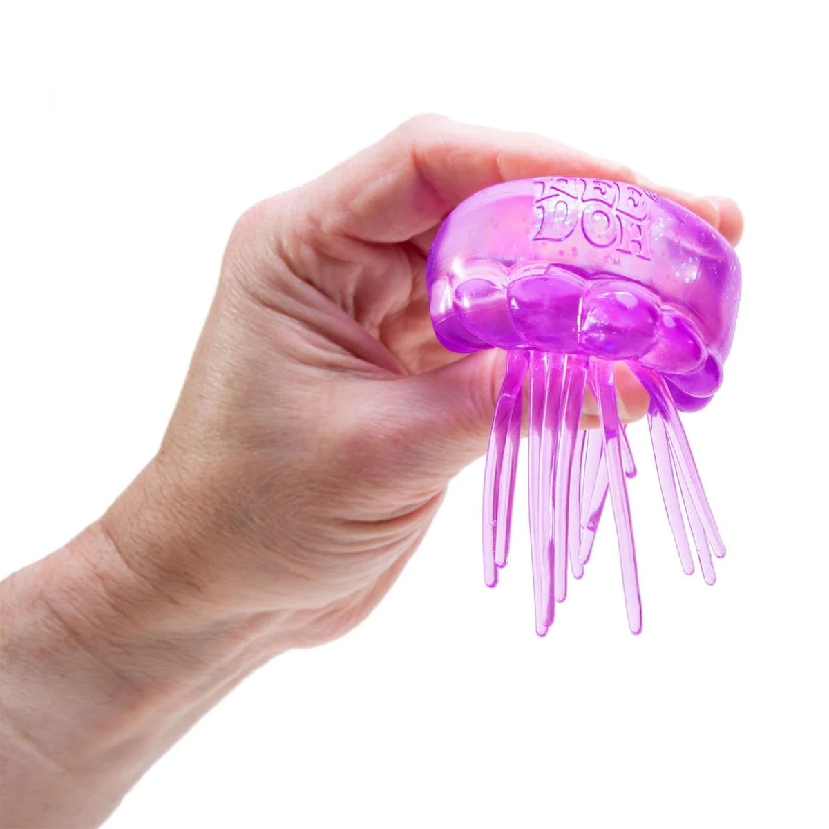 Hand holding a purple NeeDoh Jelly Squish fidget toy with dangling tentacles against a white background.