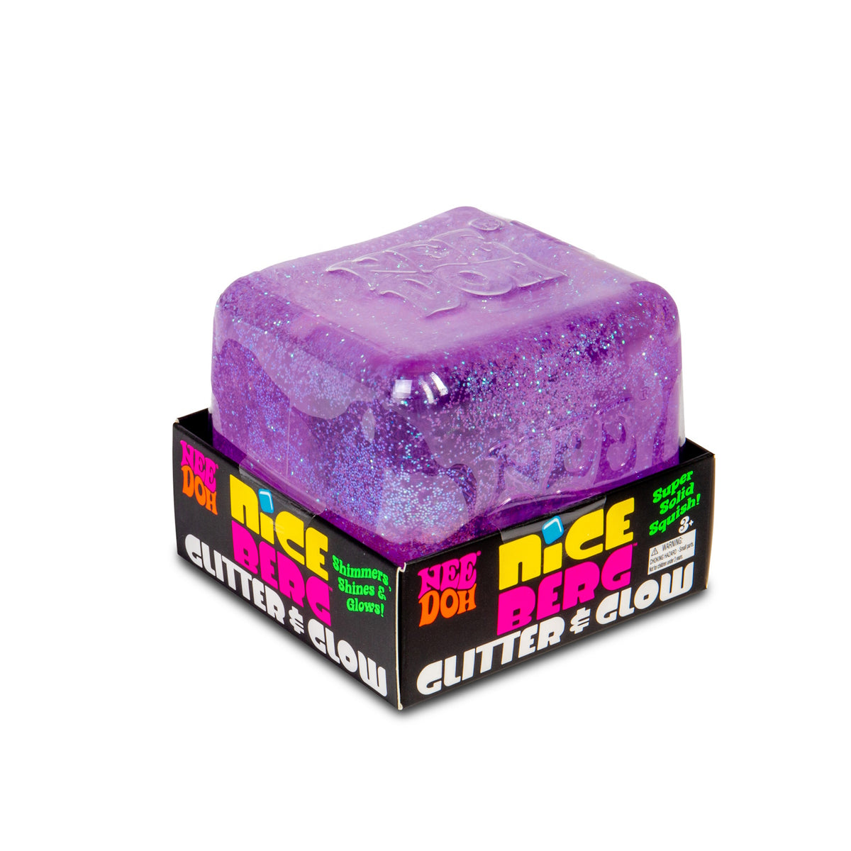 Purple NeeDoh Nice Berg Glitter and Glow squishy stress toy in its black box, featuring shimmering blue glitter.