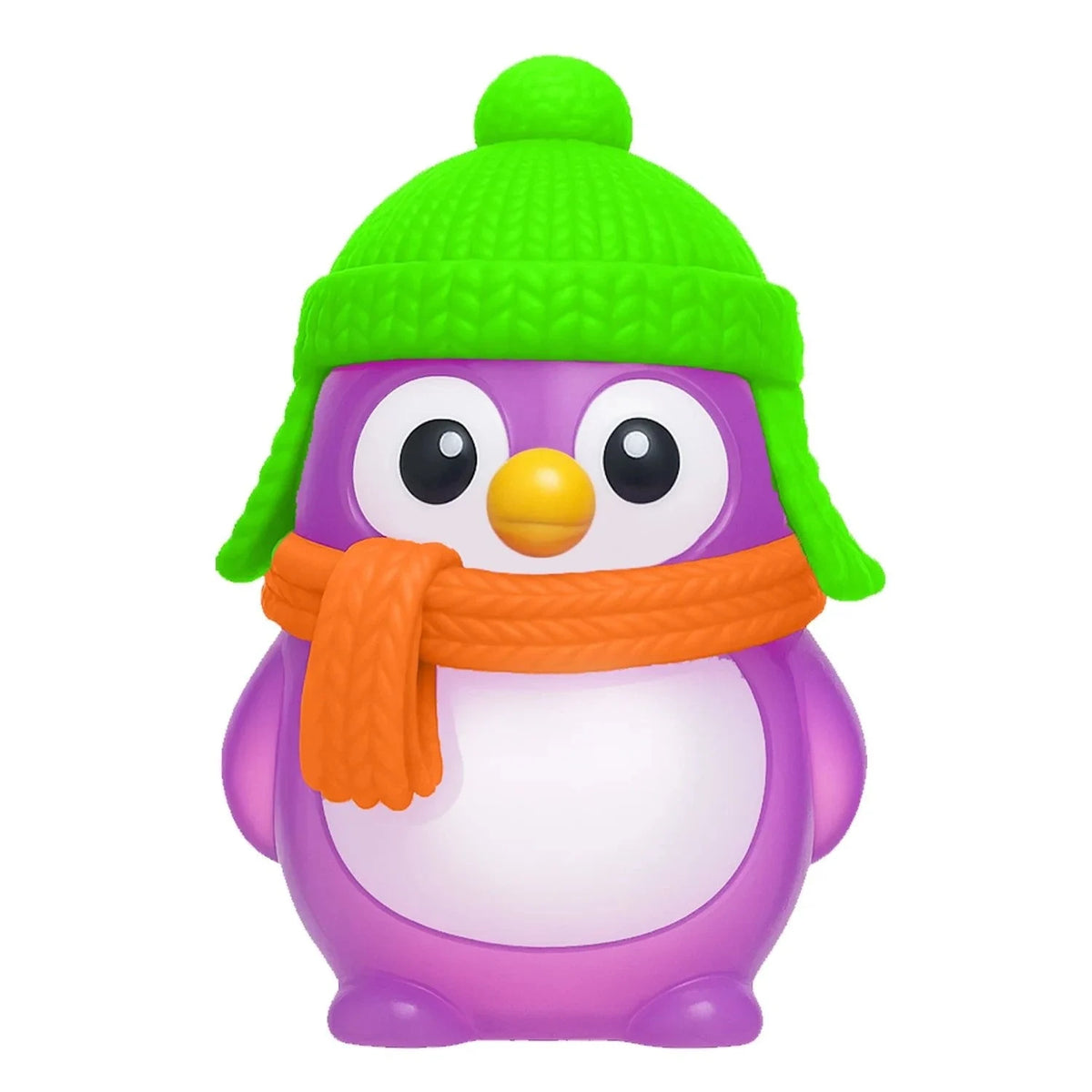 Purple NeeDoh Polar Glow Penguin squishy toy wearing a bright green knit hat and orange scarf on a white background.
