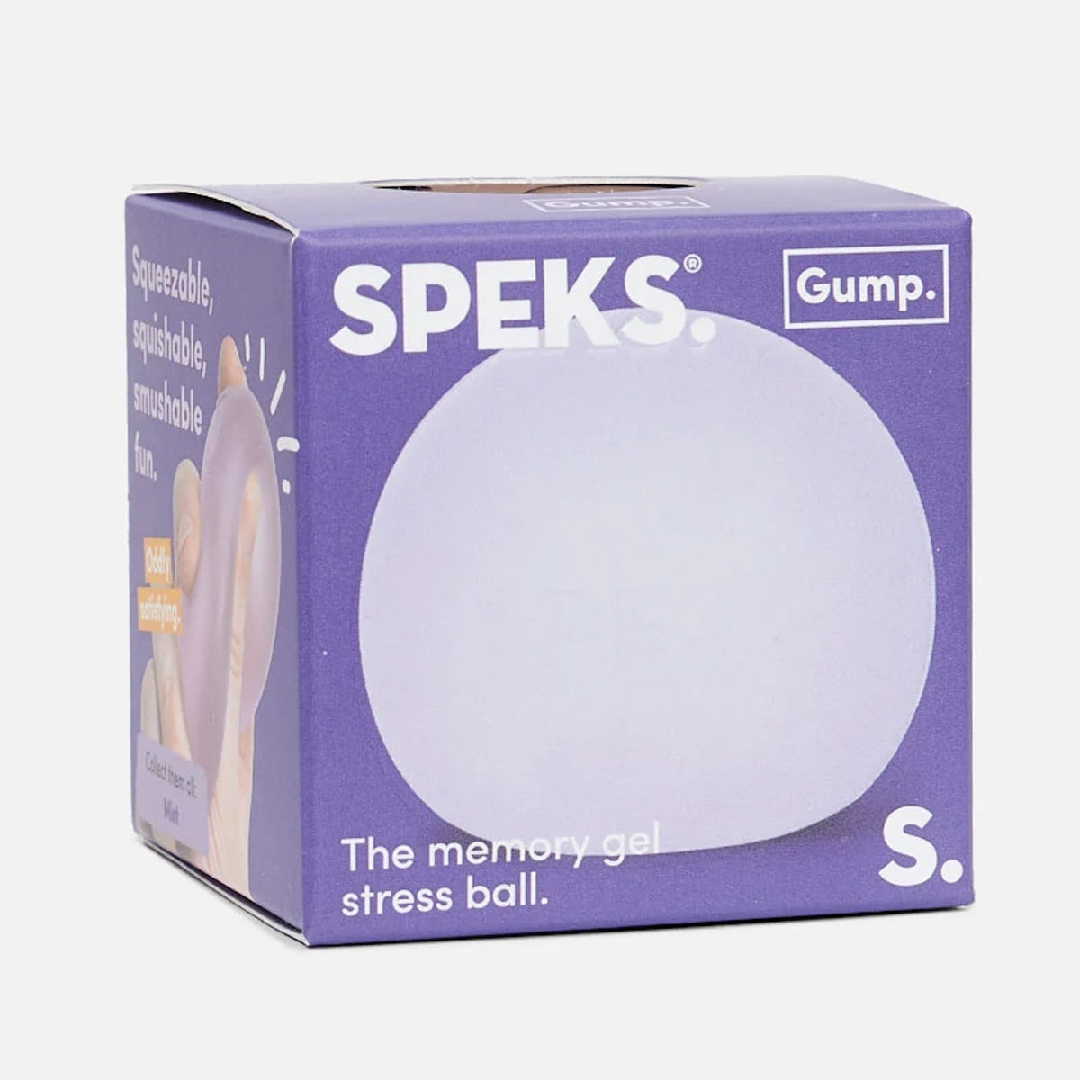 Purple Speks Gump memory gel stress ball product box on a white background.
