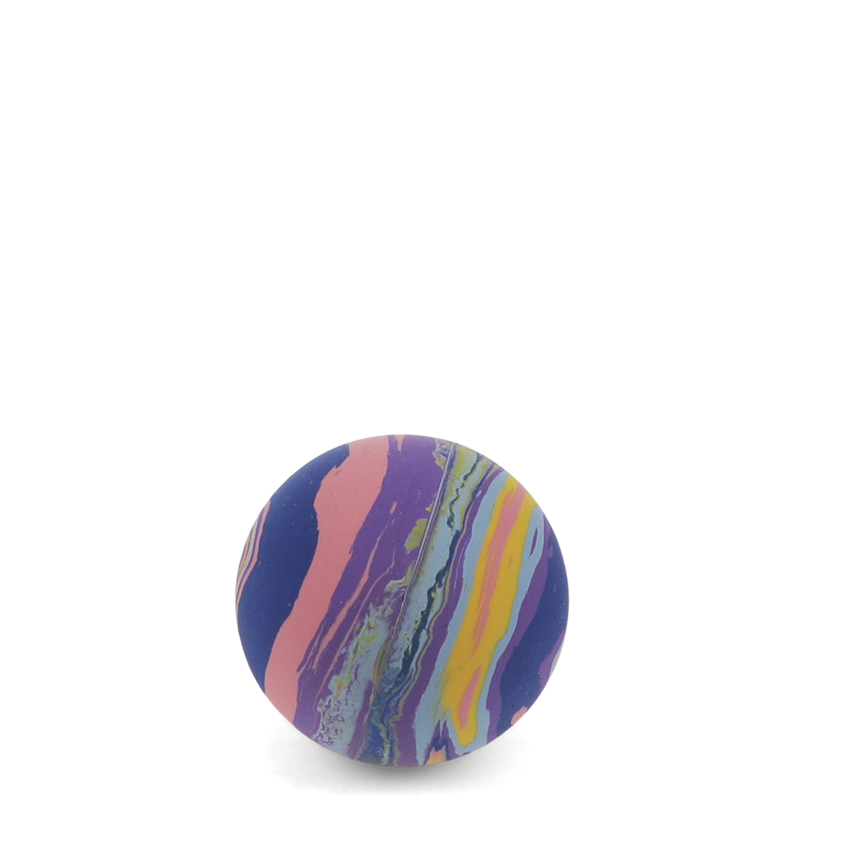 A round bouncy ball with a vibrant swirl pattern of purple, pink, yellow, and blue against a white background.