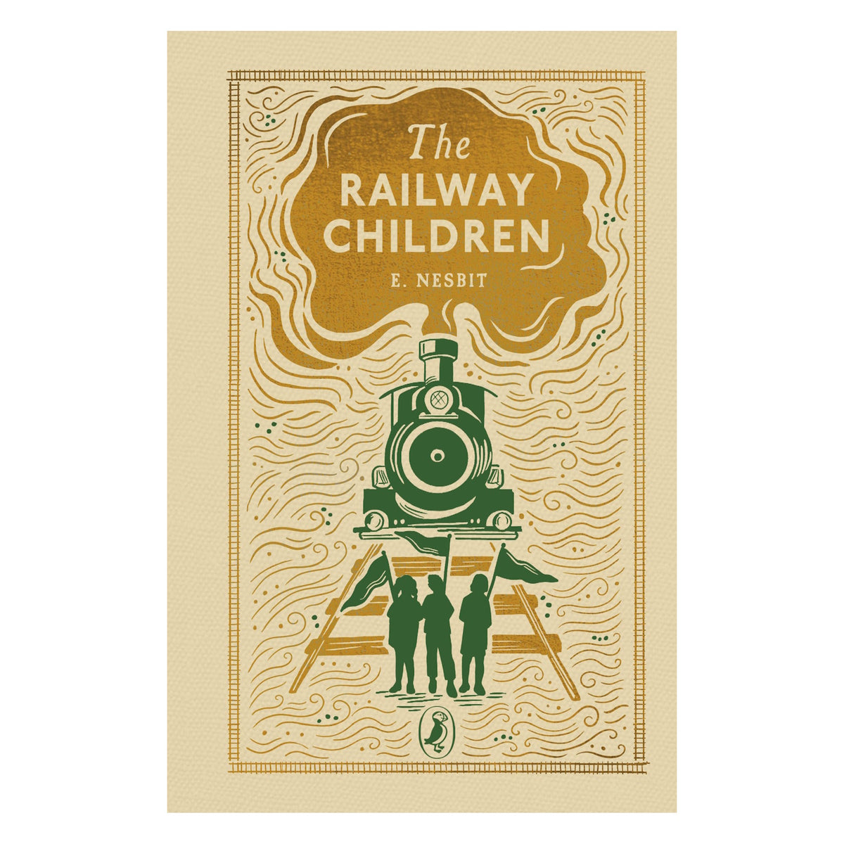 The Railway Children book cover by E. Nesbit featuring a steam train and three children waving flags.