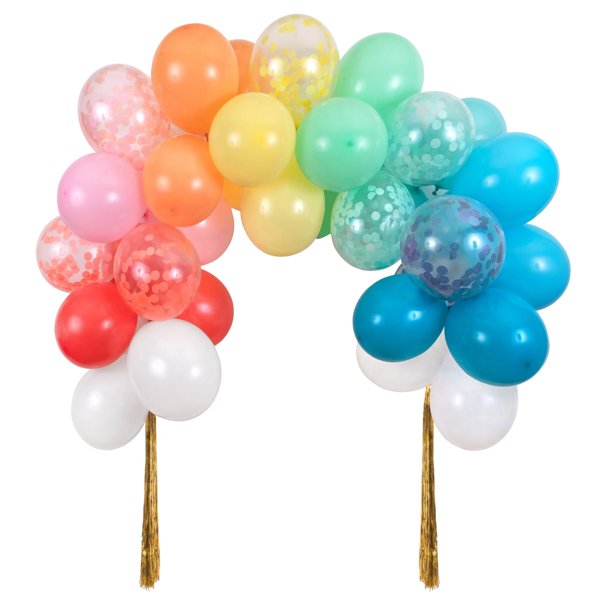 Colorful rainbow balloon arch kit featuring solid and confetti balloons with gold streamer tassels at each end.