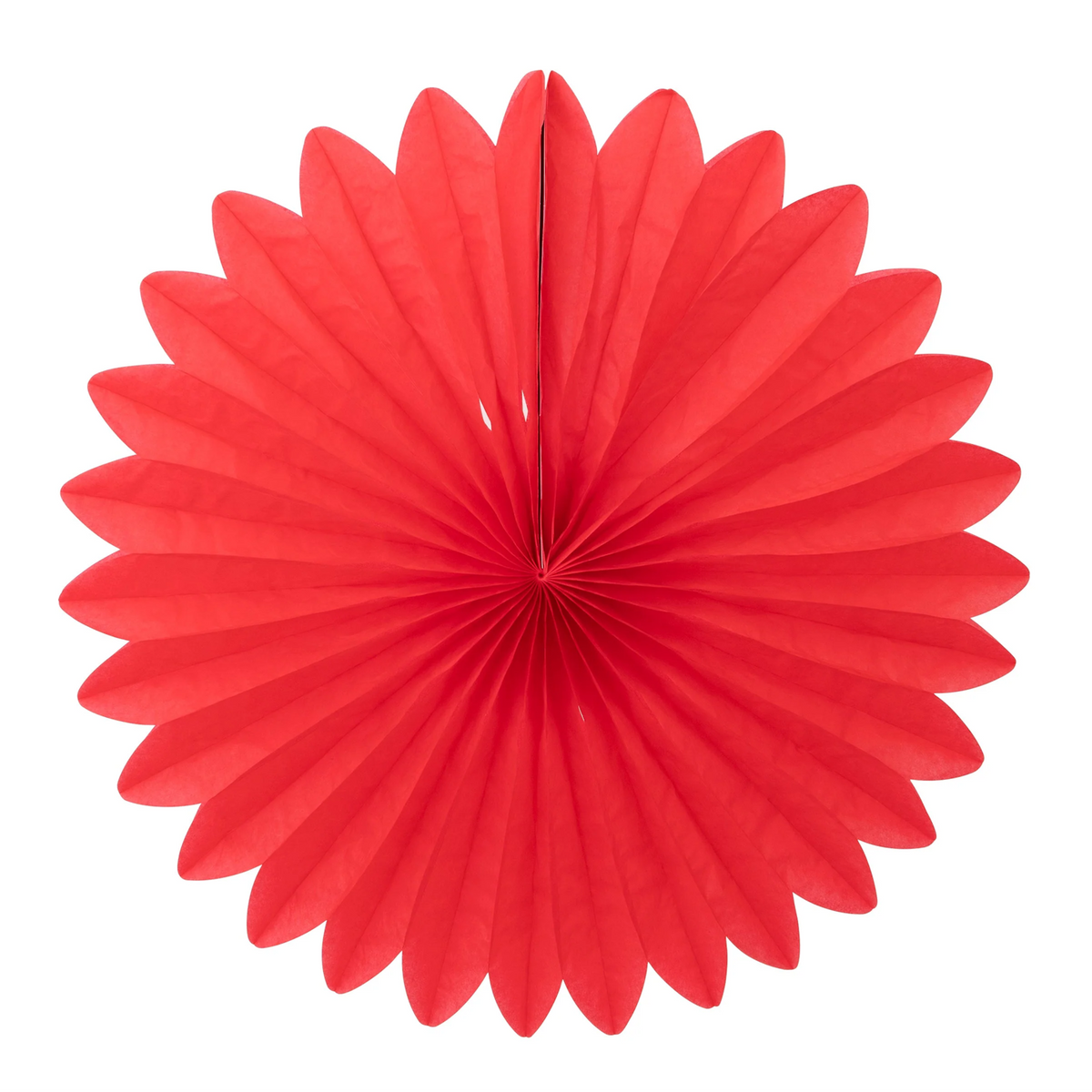 A bright red circular tissue paper fan party decoration on a solid white background.
