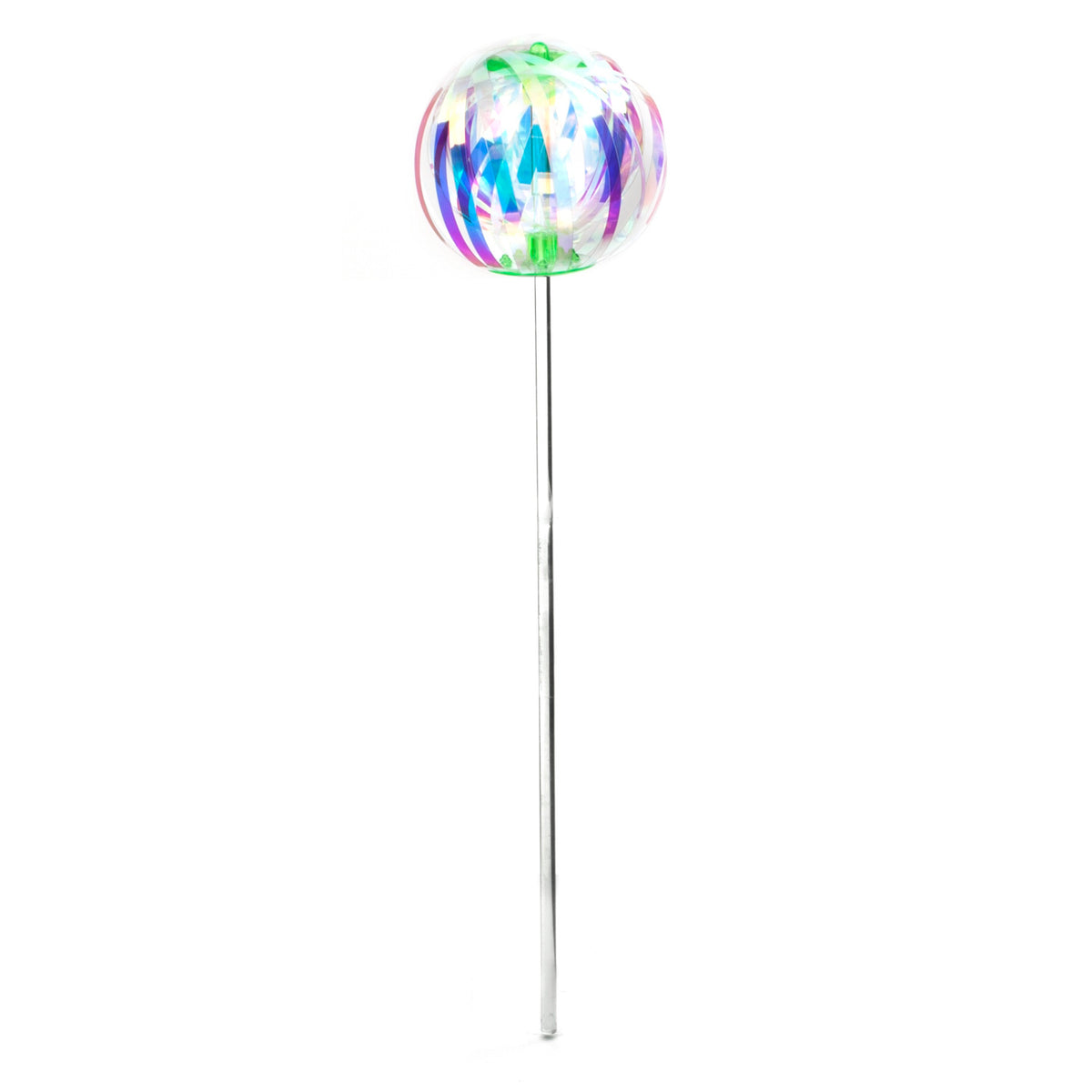 A colorful rotating LED sphere atop a sleek silver stick against a white background. The sphere emits vibrant hues, creating a playful and dynamic feel.