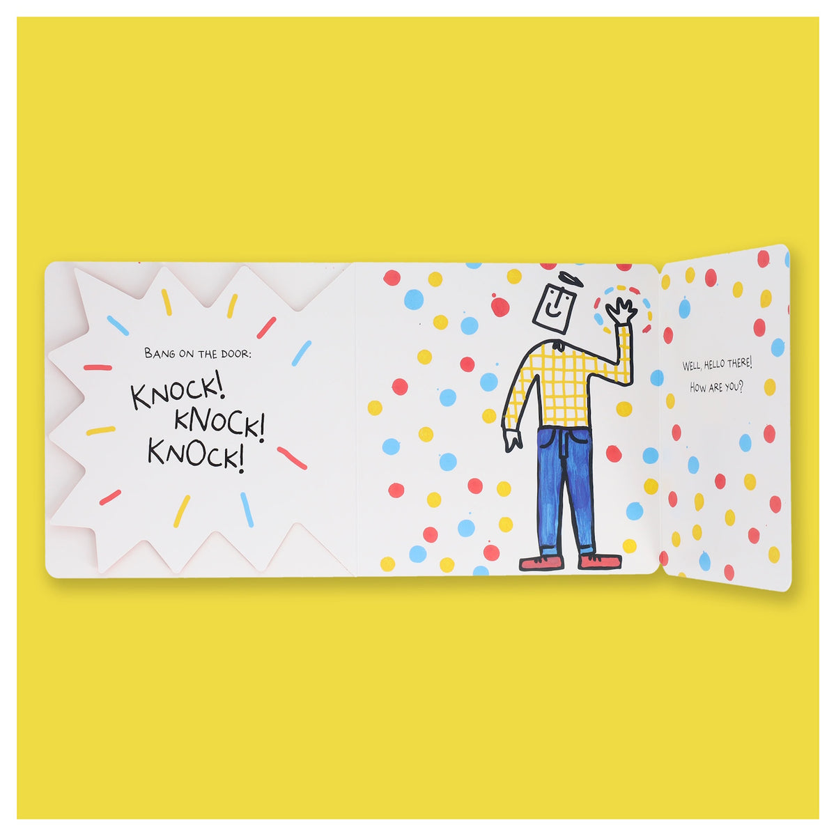 Children's book page with "KNOCK! KNOCK! KNOCK!" on a flap next to a friendly waving character.