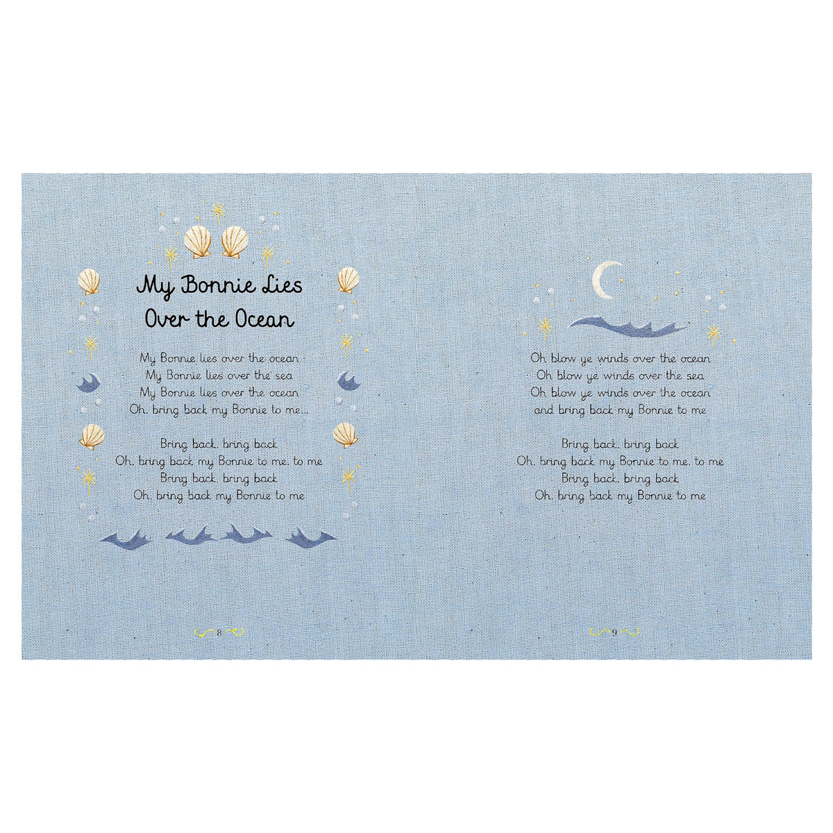 Open book pages with blue linen texture featuring the lyrics to "My Bonnie Lies Over the Ocean" and nautical illustrations.