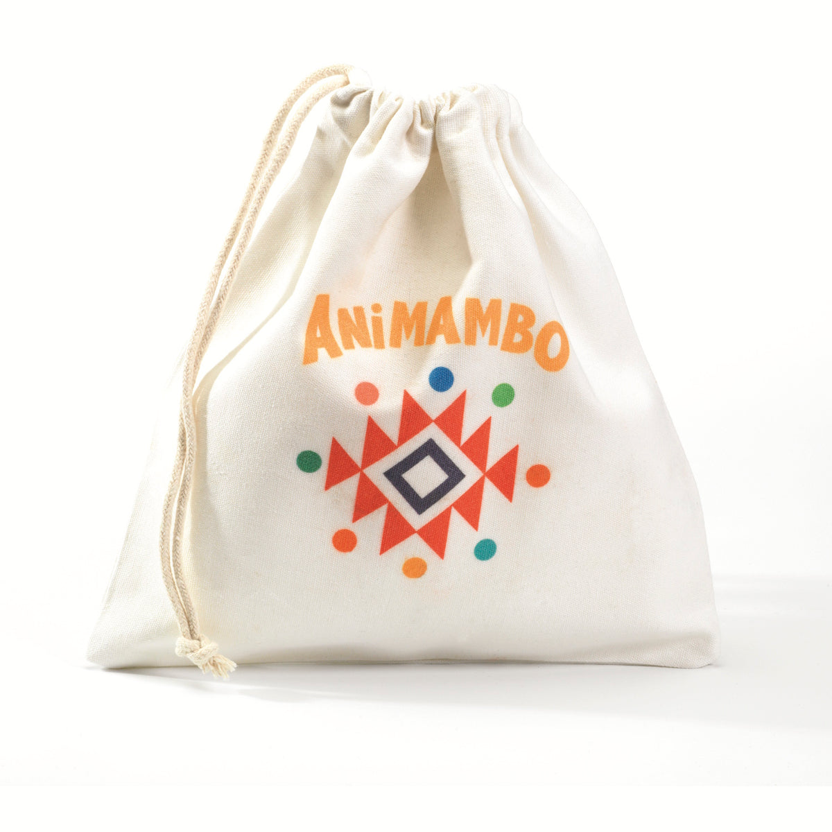 Animambo canvas drawstring bag with colorful geometric tribal pattern for kids toy storage.