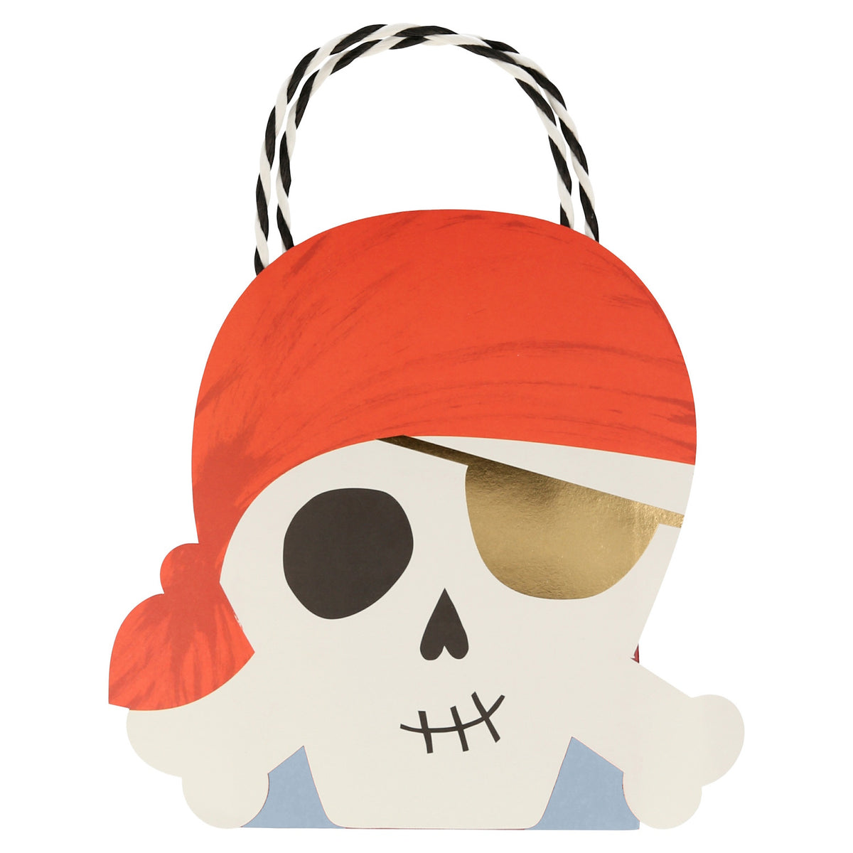 Meri Meri pirate party bag with a skull, red bandana, gold eyepatch, and black and white striped twine handles.