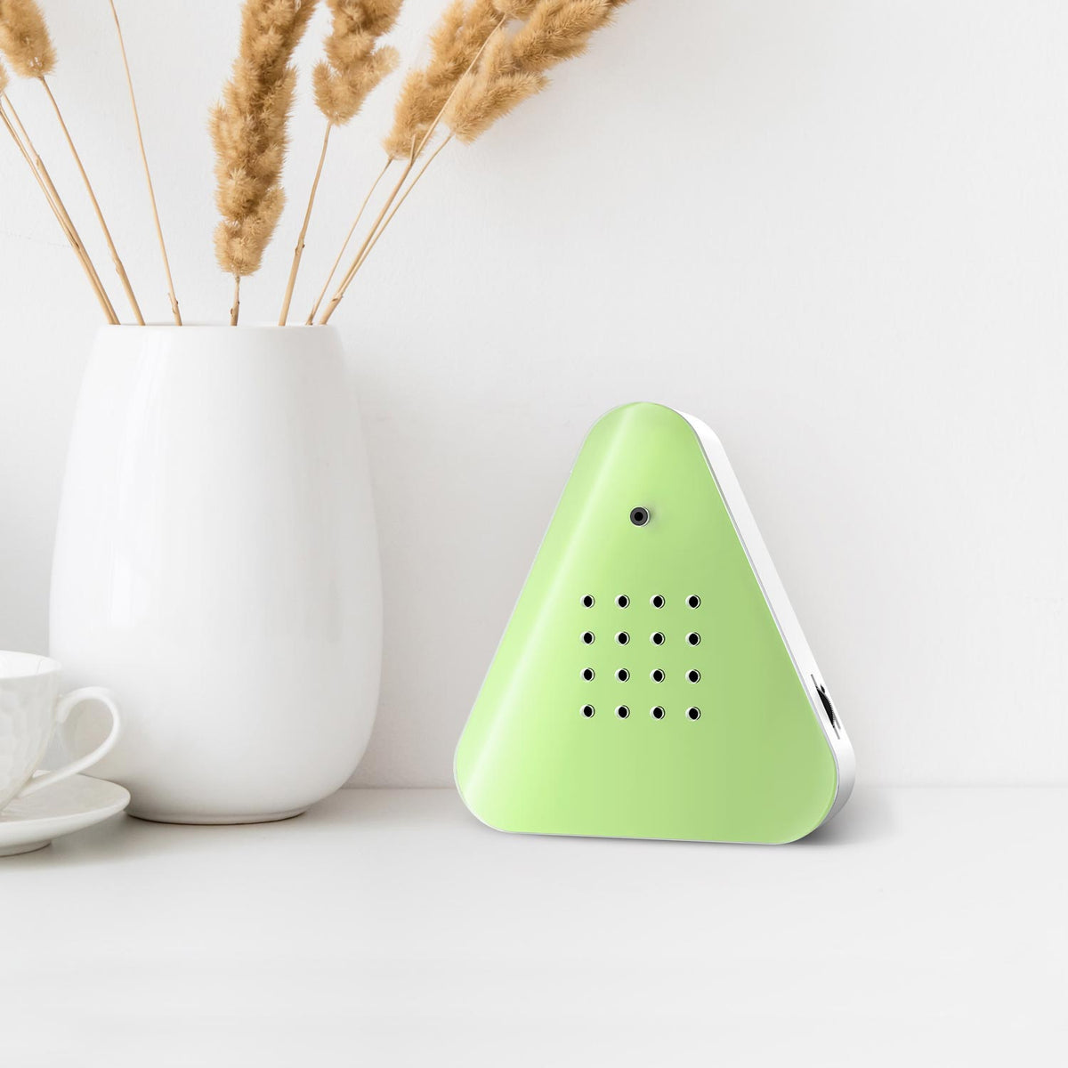 A triangular green device with a smooth surface, featuring a small camera and multiple circular holes on the front. It conveys a modern, minimalist design.