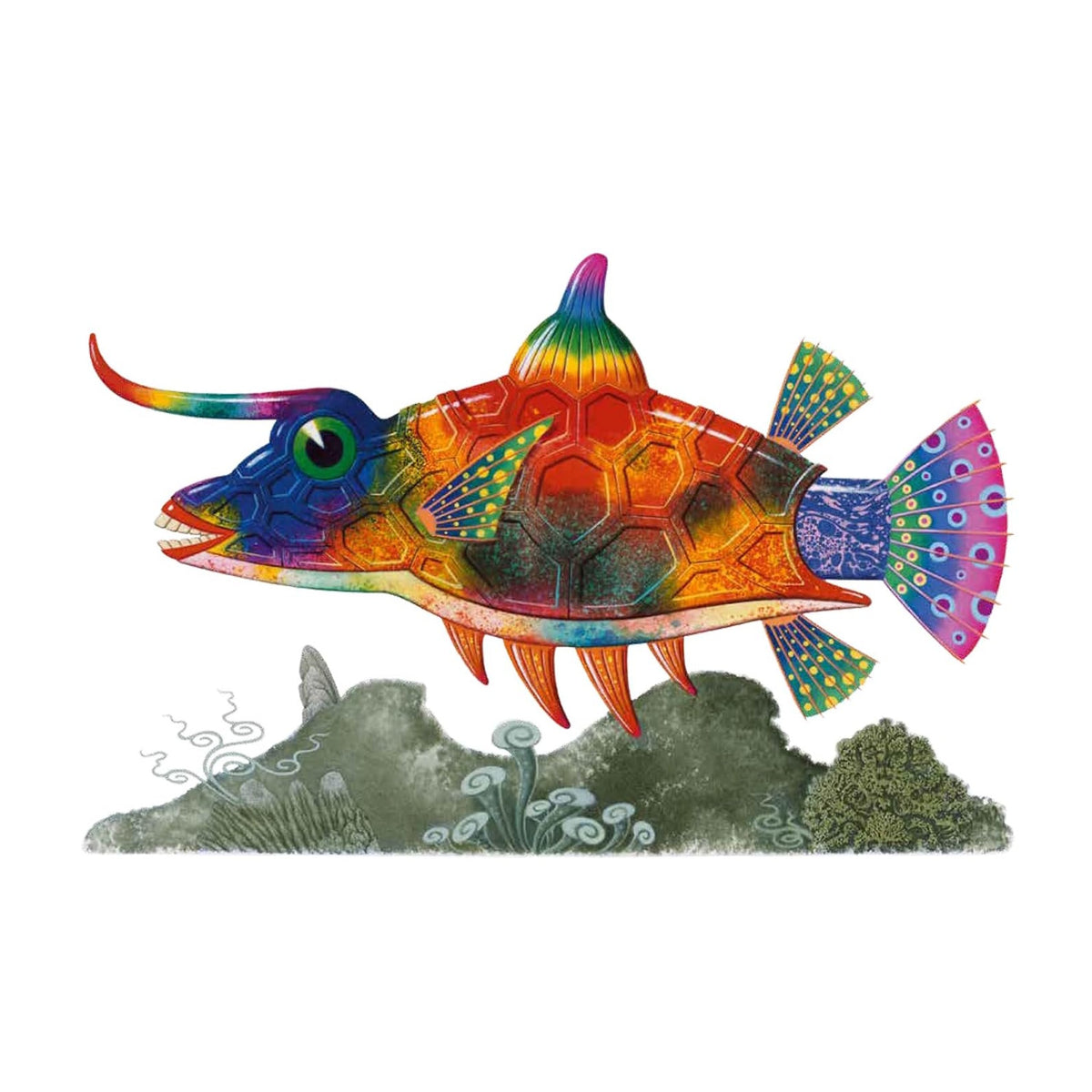 A vibrant, rainbow-colored fish with a turtle-like shell floats above stylized waves. The fish has a whimsical eye and patterns on its fins and tail.