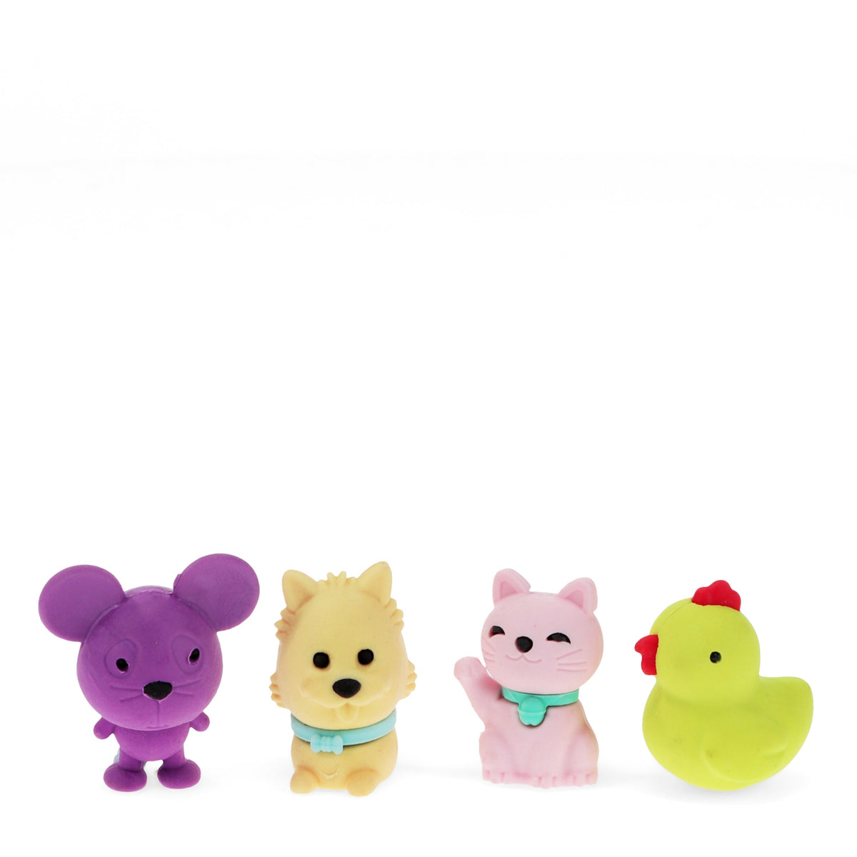 Four colorful animal figurines are lined up: a purple mouse, a yellow dog, a pink cat, and a green duck, creating a playful, cheerful scene.