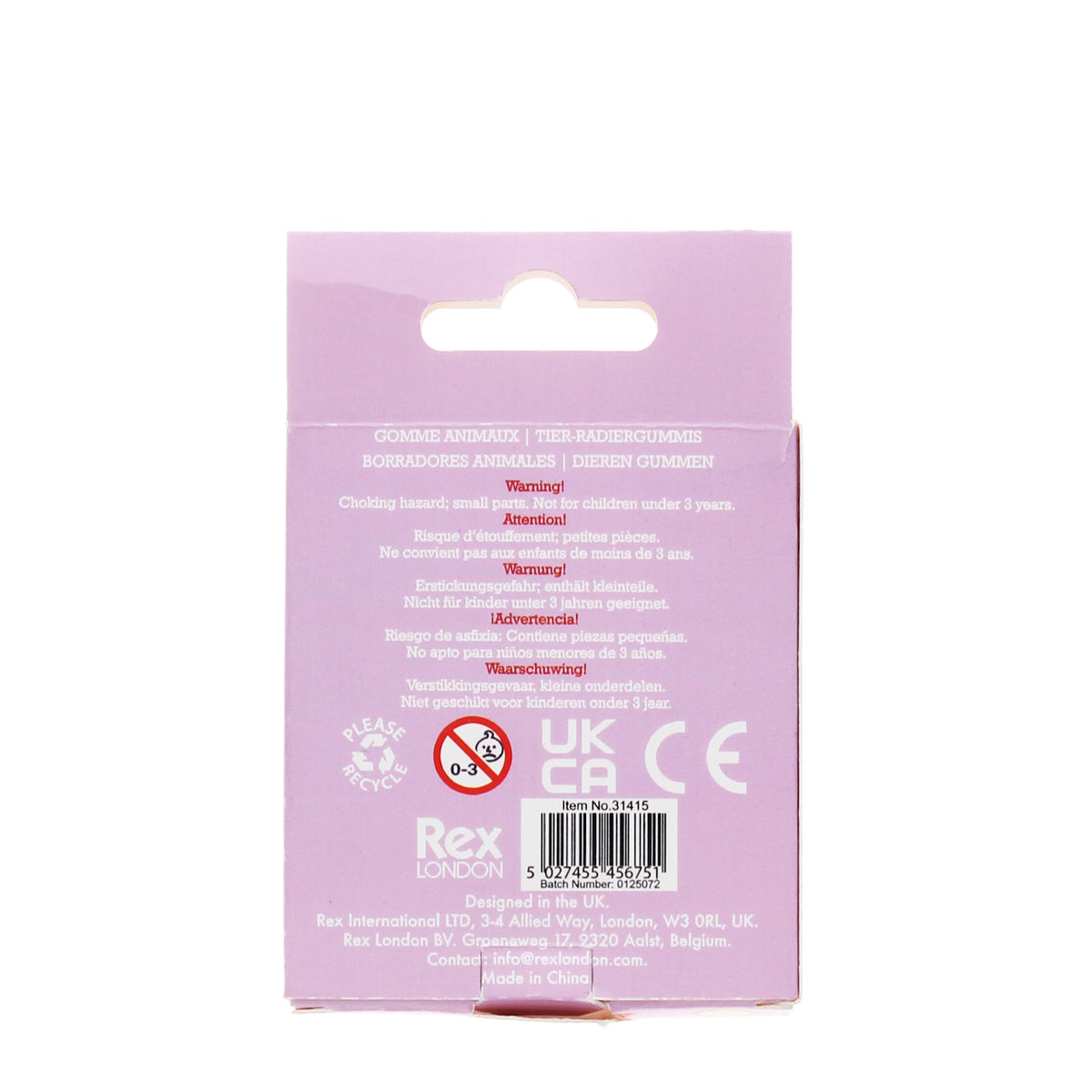 The image shows the back of a purple package for animal-shaped erasers. It features multilingual warning text about choking hazards for children under three, recycling symbol, and a barcode at the bottom.