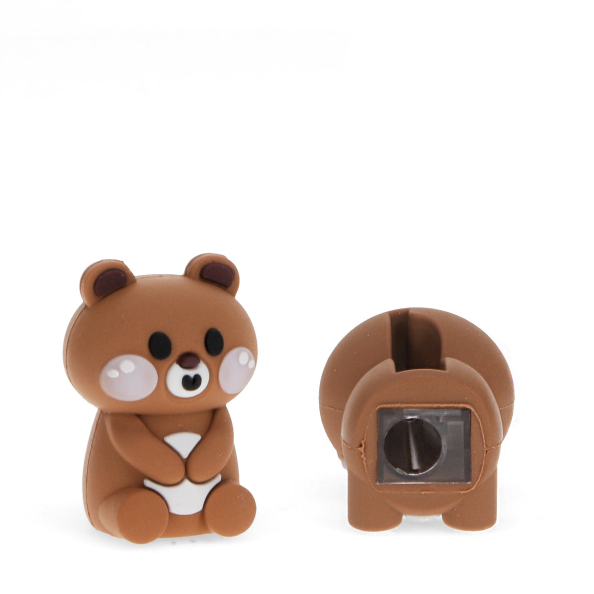 Cute brown bear pencil sharpener with rounded ears and cheeks, shown in front and back views. The bear is smiling, creating a playful tone.