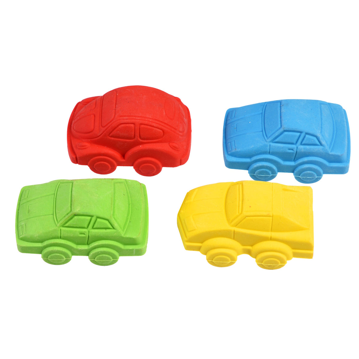 Four colorful eraser cars are arranged: red, blue, green, and yellow. They're placed on a white background, each displaying a simple, playful design.