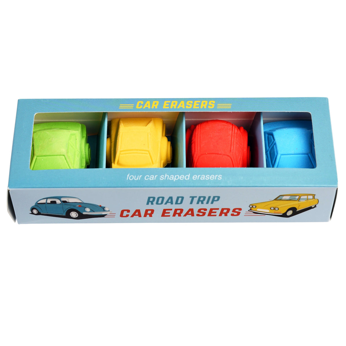 A box labeled "Road Trip Car Erasers" contains four colorful car-shaped erasers: green, yellow, red, and blue. A playful, nostalgic design.