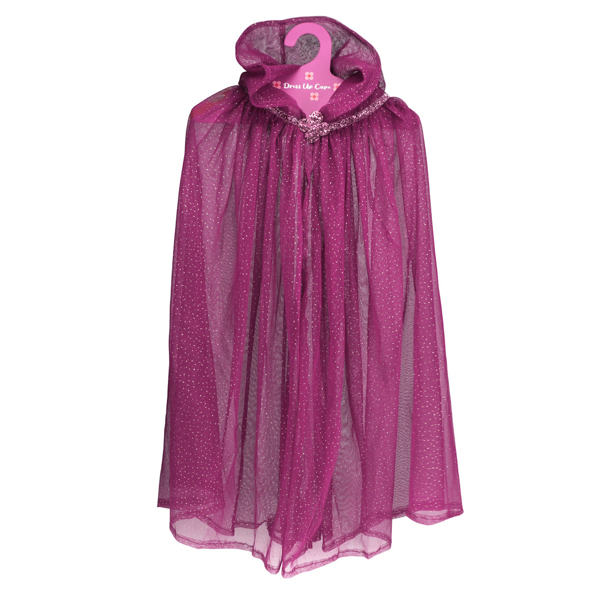 A shimmering magenta cape with a hood and glittery accents hangs on a pink hanger. The cape exudes a magical, whimsical feel.