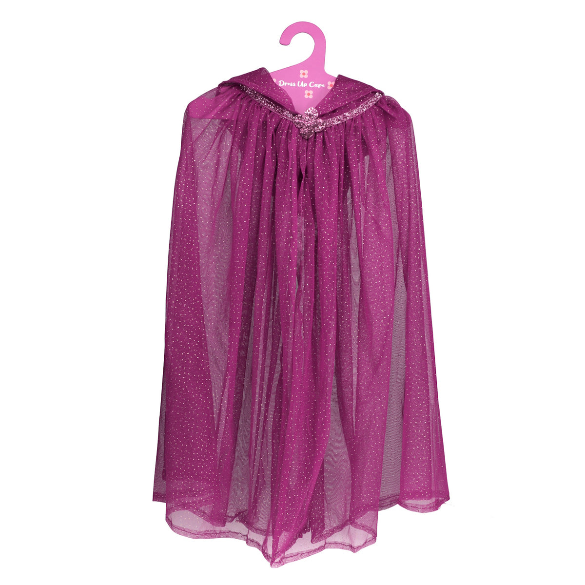 Purple children's cape with glitter details on a pink hanger. The cape is sheer and sparkly, conveying a playful, magical feel.