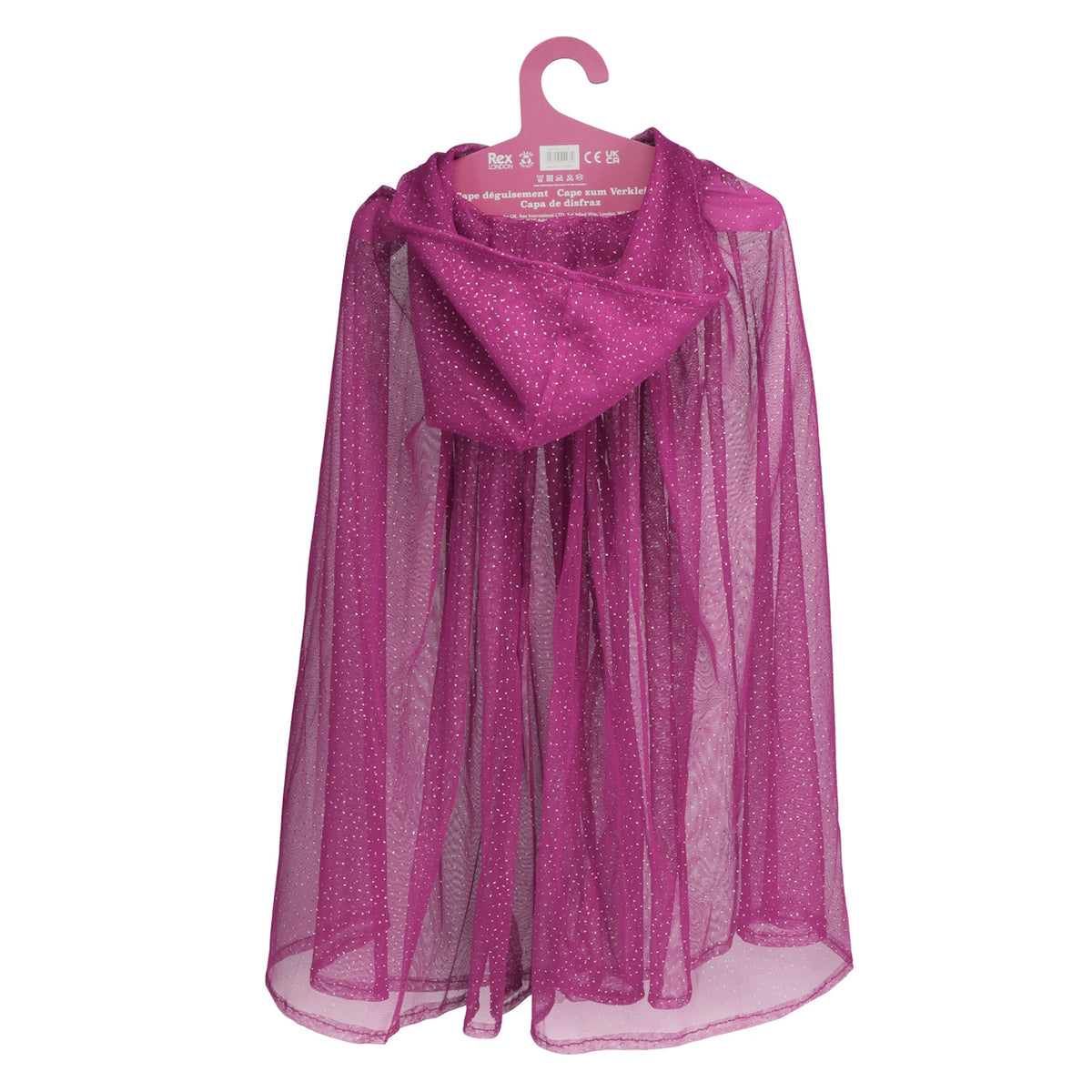 Magenta children's cape with a hood, featuring a glittery, sheer fabric. Hangs on a matching magenta hanger, conveying a whimsical, playful tone.