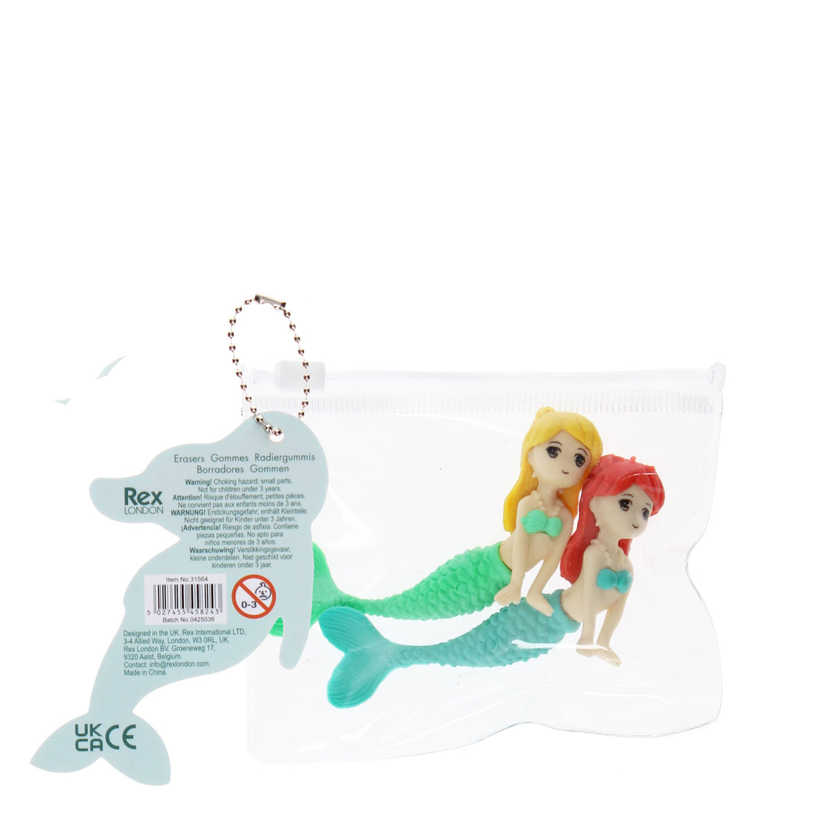 Clear pouch with two mermaid-shaped erasers inside, one with blonde hair and the other with red. A dolphin-shaped tag is attached to the pouch.