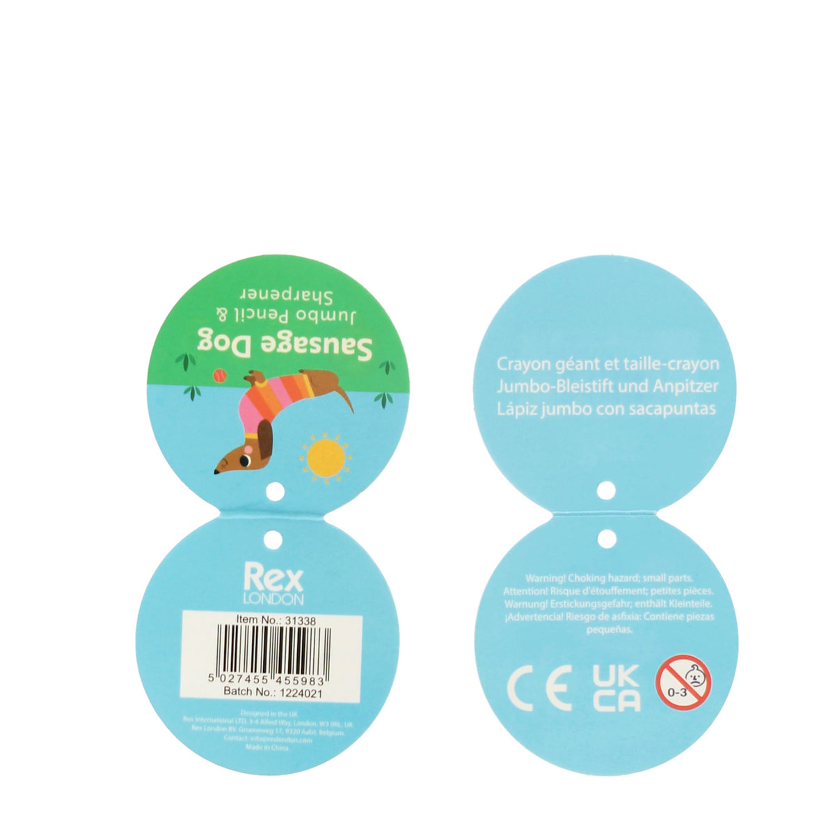 Package tags feature "Sausage Dog Jumbo Pencil & Sharpener" text with a cartoon dog wearing a colorful sweater under a sun on a blue background.