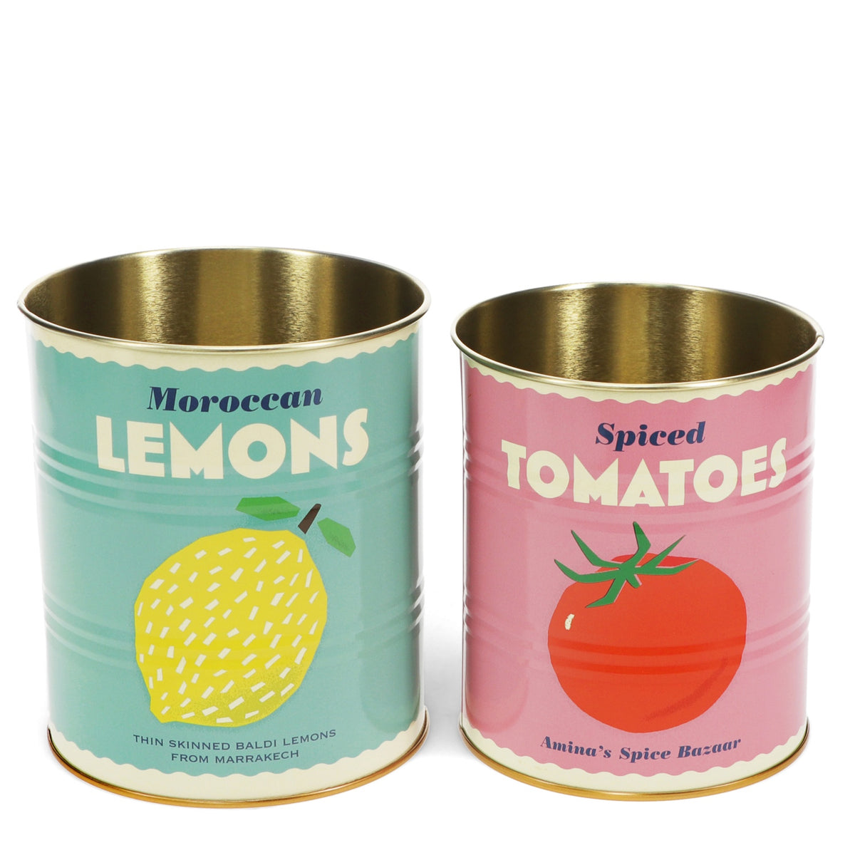 Two retro-style tin canisters with colorful labels: the left in teal for "Moroccan Lemons" with a lemon graphic, the right in pink for "Spiced Tomatoes" with a tomato graphic.