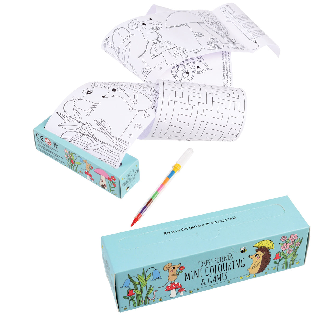 Blue box with "Forest Friends Mini Colouring & Games" containing a paper roll with animal illustrations and mazes. Includes a multicolor pen. Playful and creative tone.