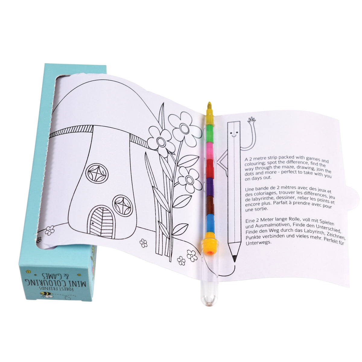 A coloring roll featuring a whimsical mushroom house with flowers, accompanied by a multicolored pencil. The tone is playful and creative.