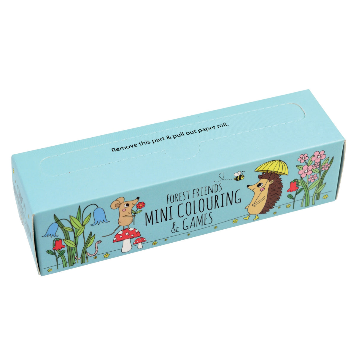 Blue box labeled "Forest Friends Mini Colouring & Games" features cute illustrations of a mouse, hedgehog, flowers, and a bee, evoking a cheerful tone.