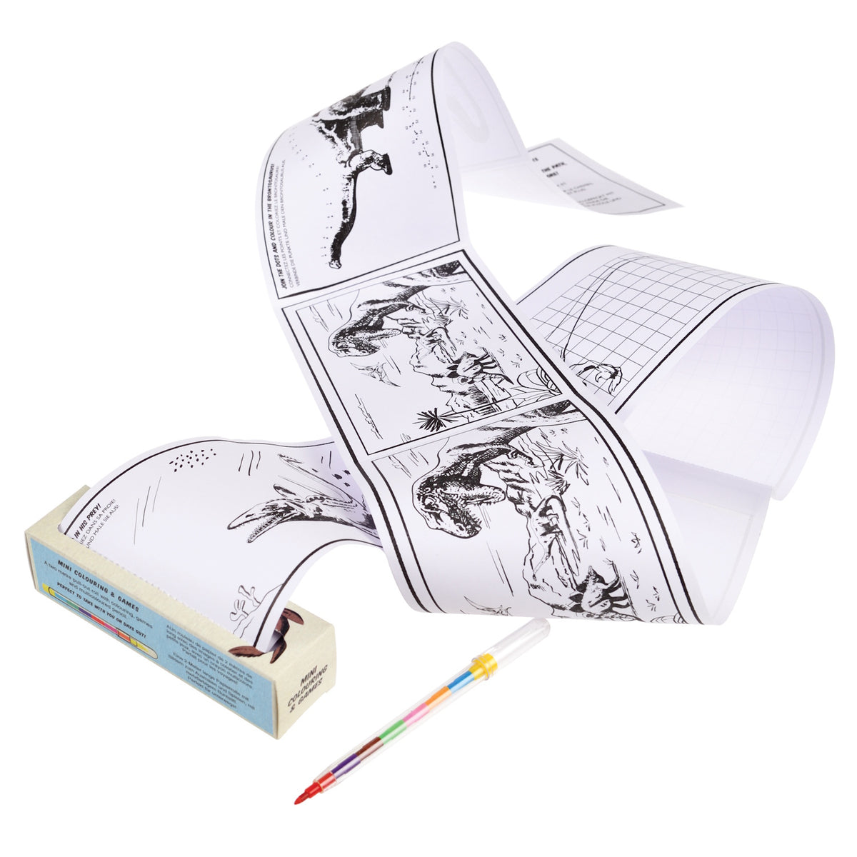 A rolled-out dinosaur-themed coloring strip with black-and-white drawings, including a velociraptor. A multicolor pen is placed nearby.