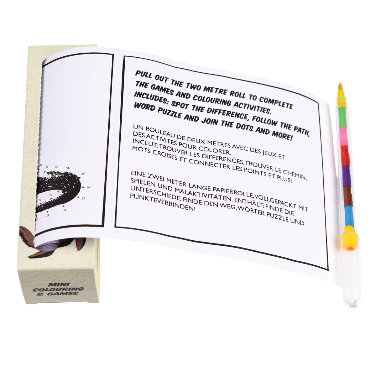A rolled-out activity sheet with multilingual text describing a two-meter game and coloring roll. Includes coloring activities and a multi-colored pen.
