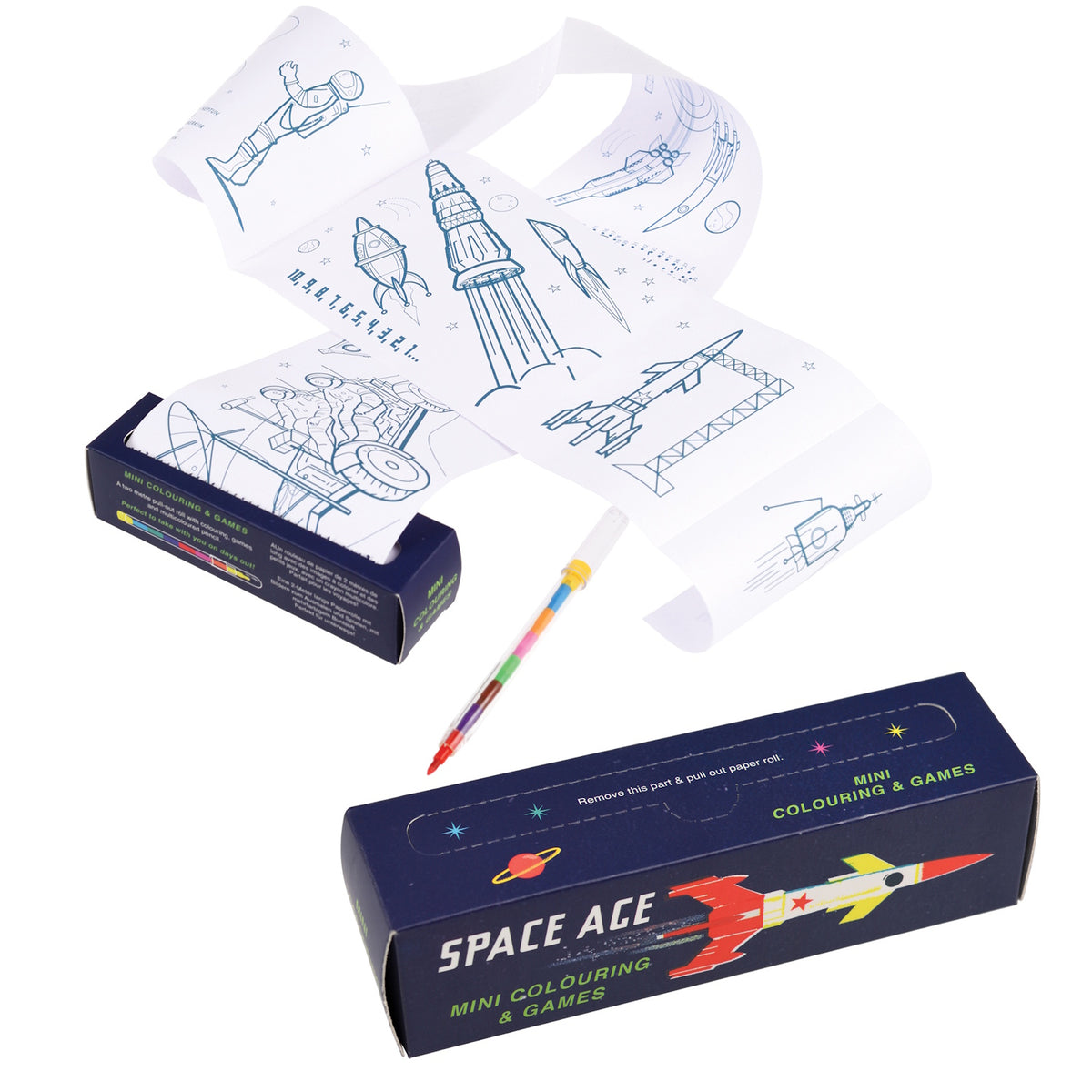 Space-themed mini coloring set with a pull-out sheet showing rockets, astronauts, and planets. Includes a multicolored pen. Playful and creative tone.