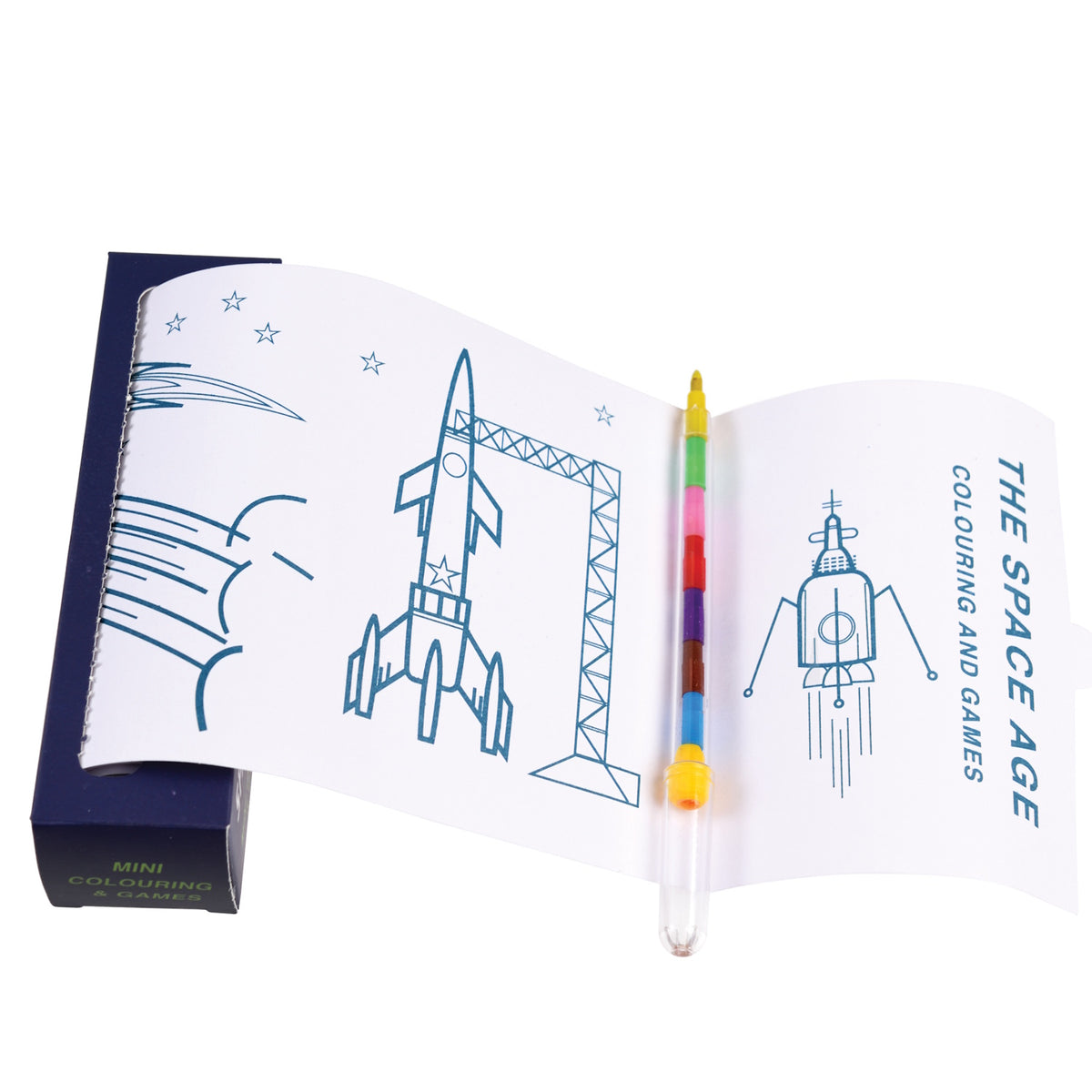 Open coloring book titled "The Space Age" features line drawings of rockets and stars. A colorful multi-tip pen is placed on the pages.
