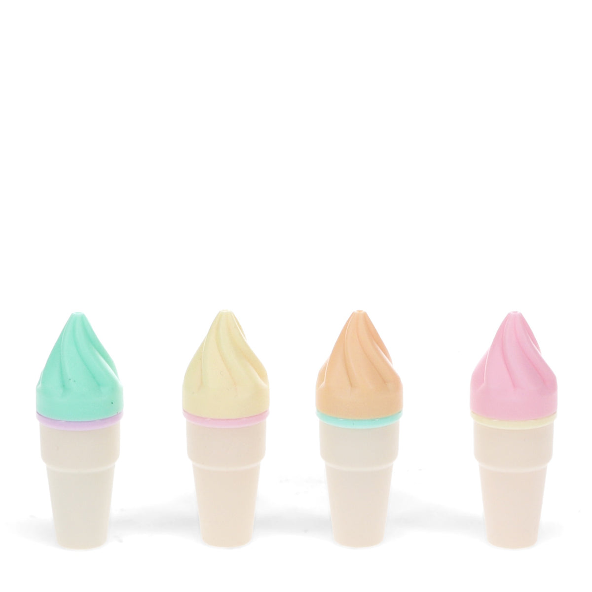 Four pastel-colored ice cream-shaped objects on a white background. Each has a unique color: blue, yellow, orange, and pink. Playful and cheerful.