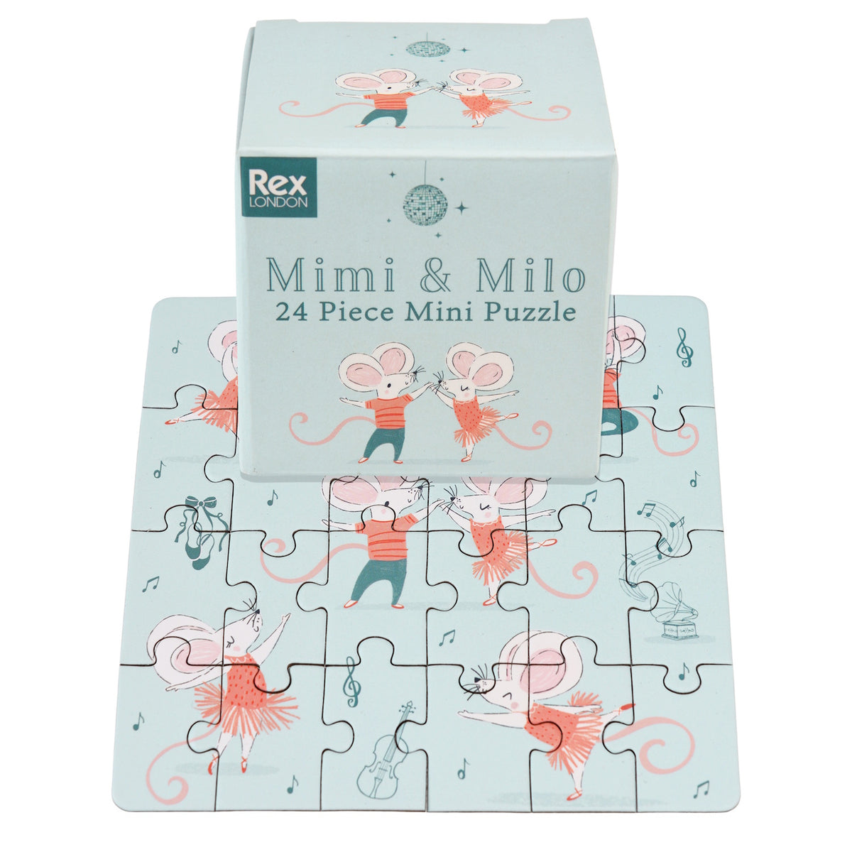 Puzzle featuring dancing mice in red outfits on a pale blue background. The box, labeled “Mimi & Milo,” showcases playful and joyful vibes.