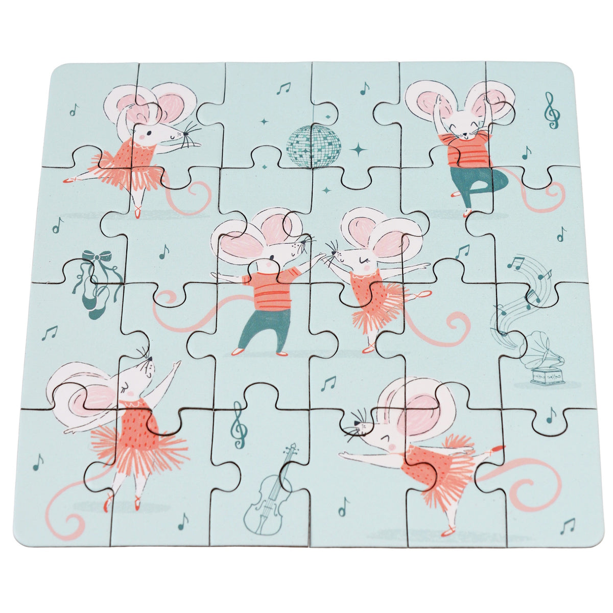 Illustrated puzzle with dancing mice in tutus and striped shirts. Musical notes, a violin, and a gramophone surround them on a light blue background. Playful tone.