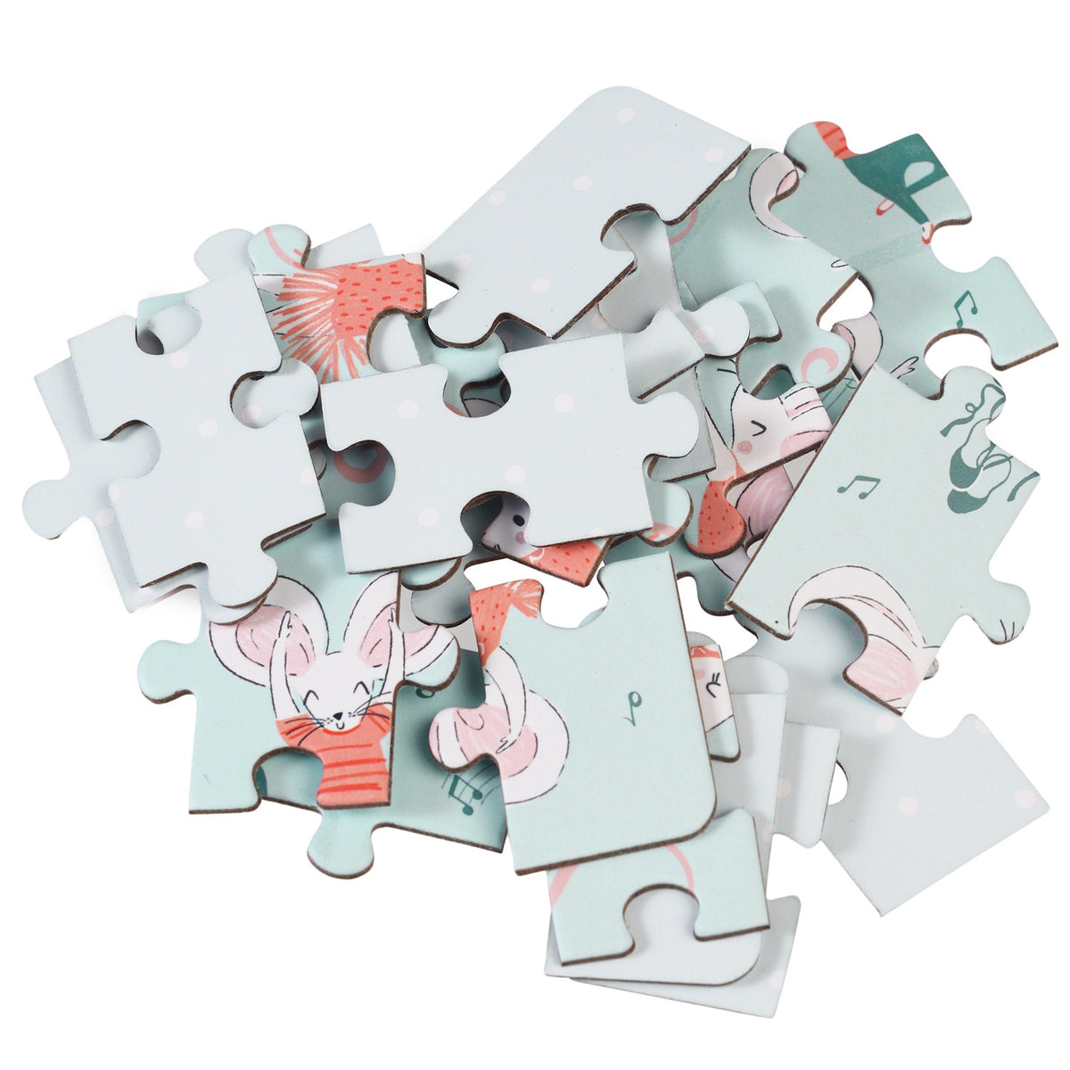 A pile of pastel-colored puzzle pieces features cute, cartoon mice wearing clothes. Musical notes and soft colors convey a playful, whimsical tone.