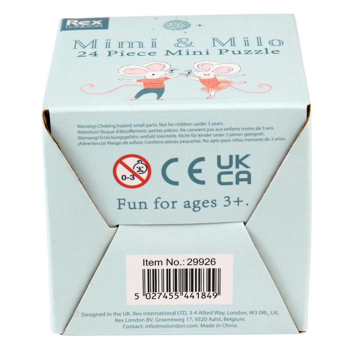 Light blue box of Mimi & Milo 24-piece mini puzzle featuring mice illustration. Labeled for ages 3+, with safety warnings and a barcode.
