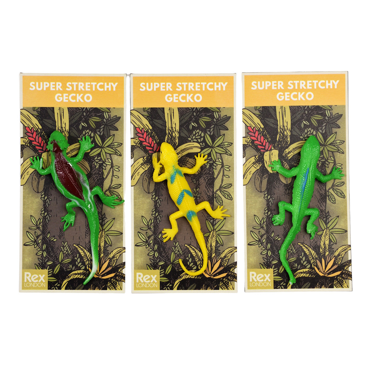Three colorful stretchy gecko toys on illustrated cards. Left is green with red accents, center is yellow with blue, right is green. Bright, playful design.