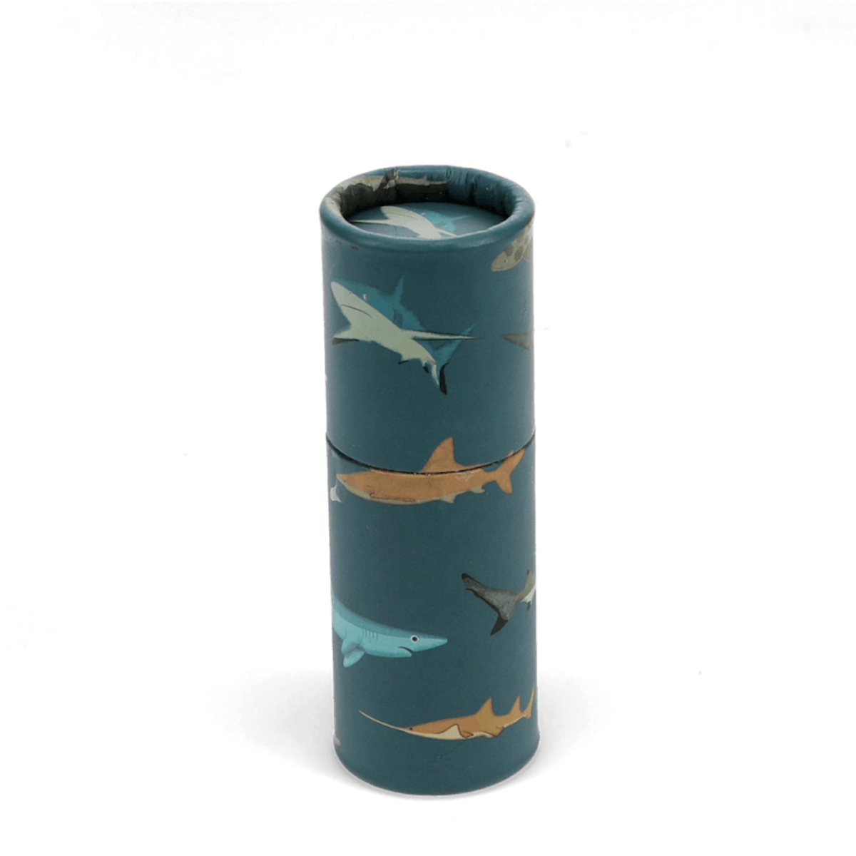 Closed shark-patterned cardboard pencil tube against a plain black background.