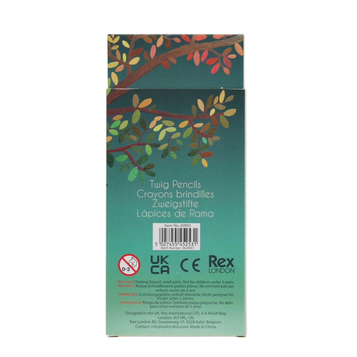 Box of Twig Pencils with a colorful branch design and multilingual text. Includes a barcode, safety warnings, and manufacturer info at the bottom.